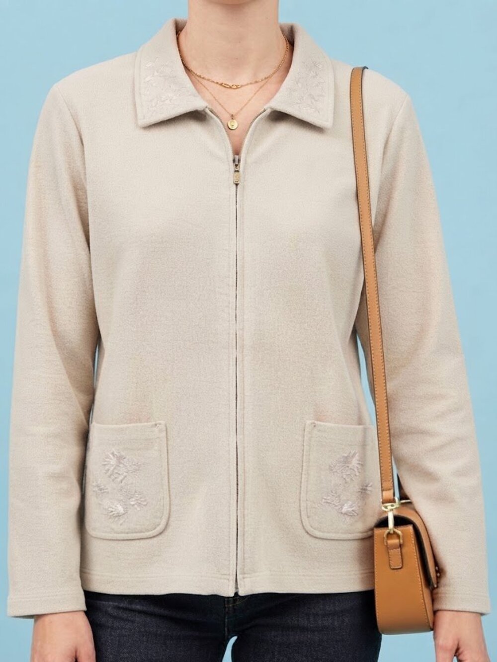 Beige Embroidered Zip-Front Sweater Jacket